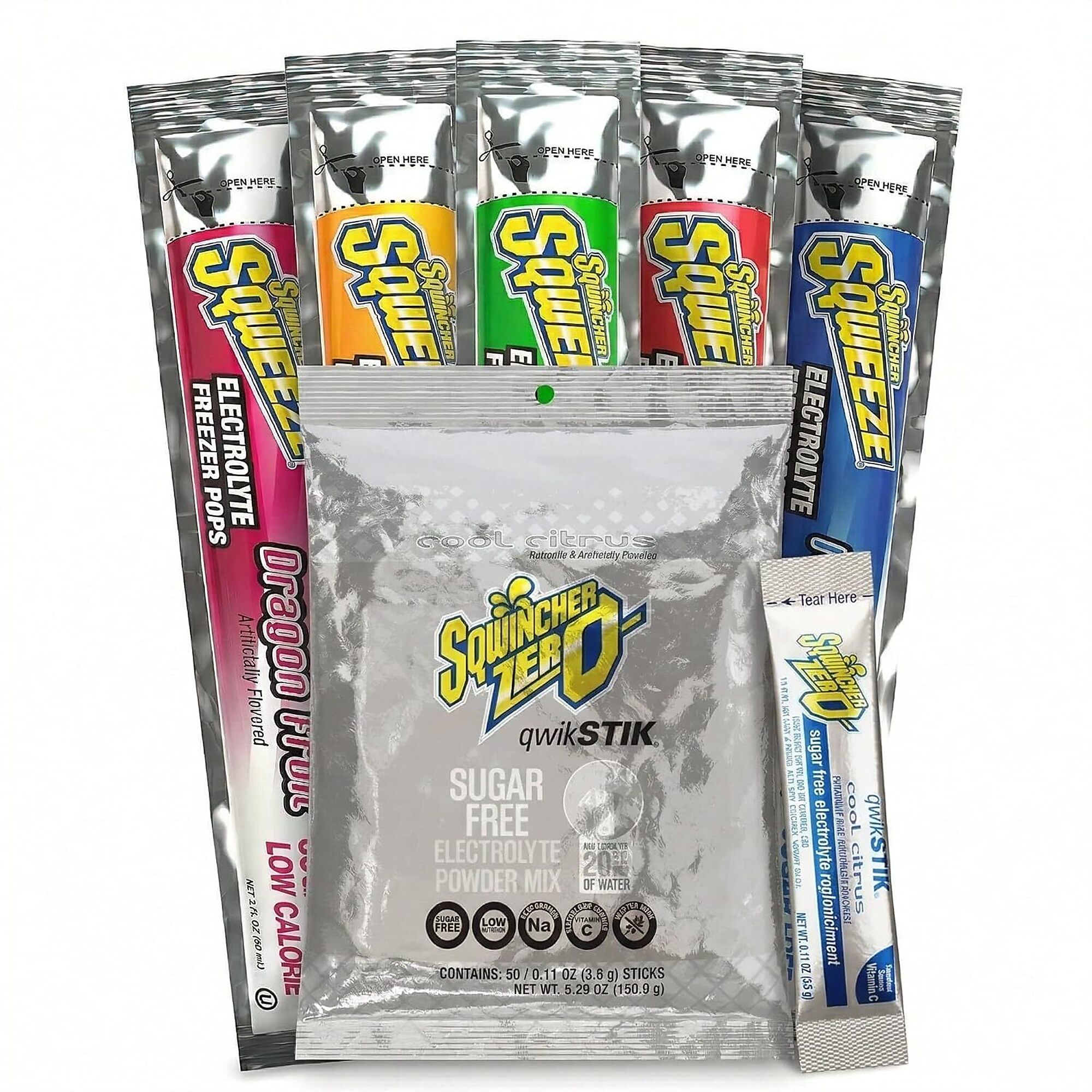 Sqwincher Bundle: Cool Citrus Zero Qwik Stik 50 Pack and Sqweeze Sugar Free Freezer Pops 50 Count